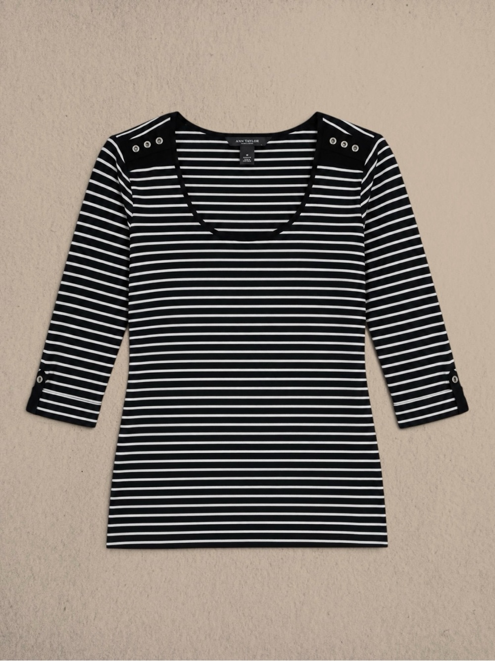 White House Black Market Top Black White Striped Shoulder Button Tee Nautical L